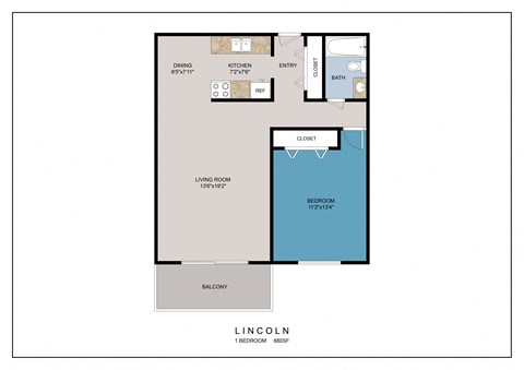 Floor plan for 1 bed, 1 bath, 680 sqft